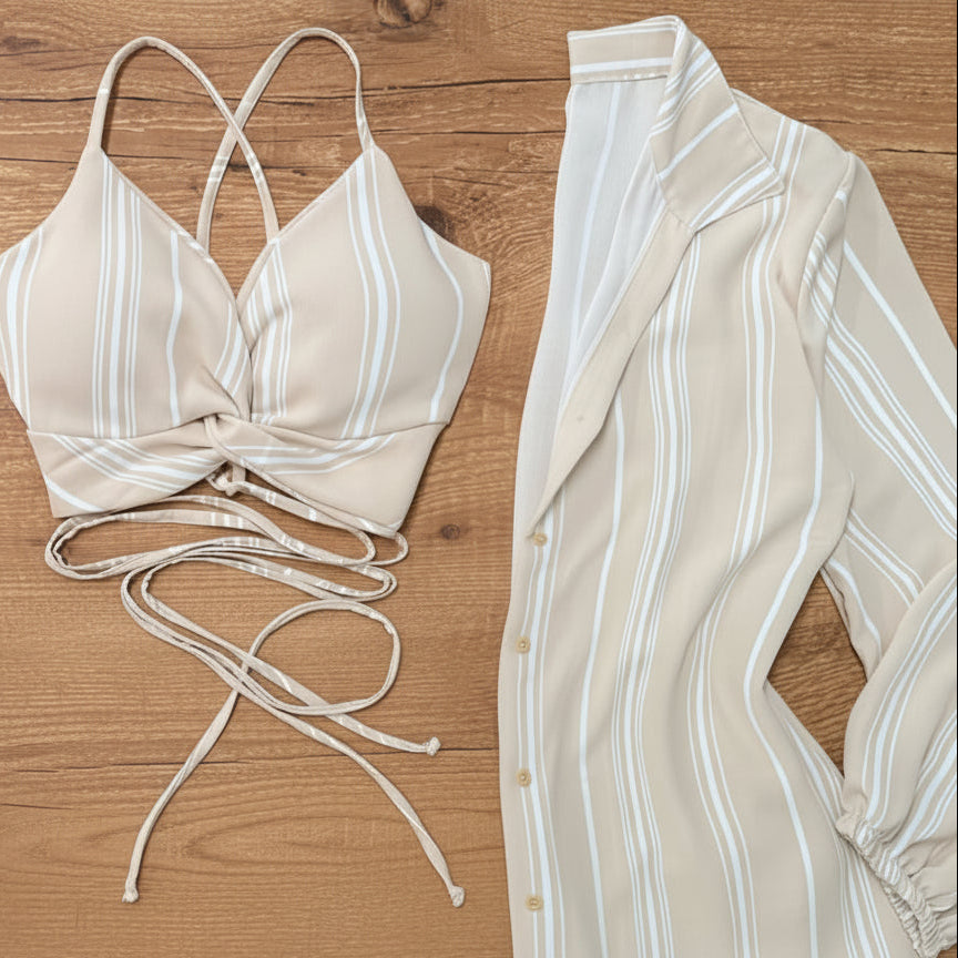 Completo donna due pezzi – Top corto a righe alla moda e gonna di jeans per estate e tempo libero