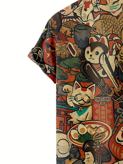 Herren Kurzarm Hemd mit Japanischem Grafik-Print – Künstlerisches Freizeithemd für Sommer & Alltag
