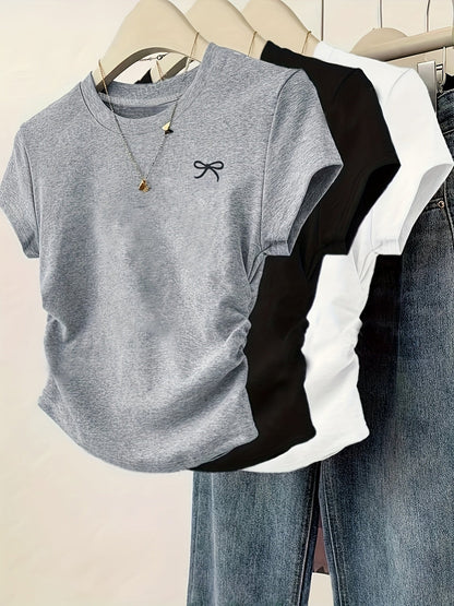 Dame basic T-skjorte med broderi og rynkinger – hverdag og fritid, kortermet, moderne