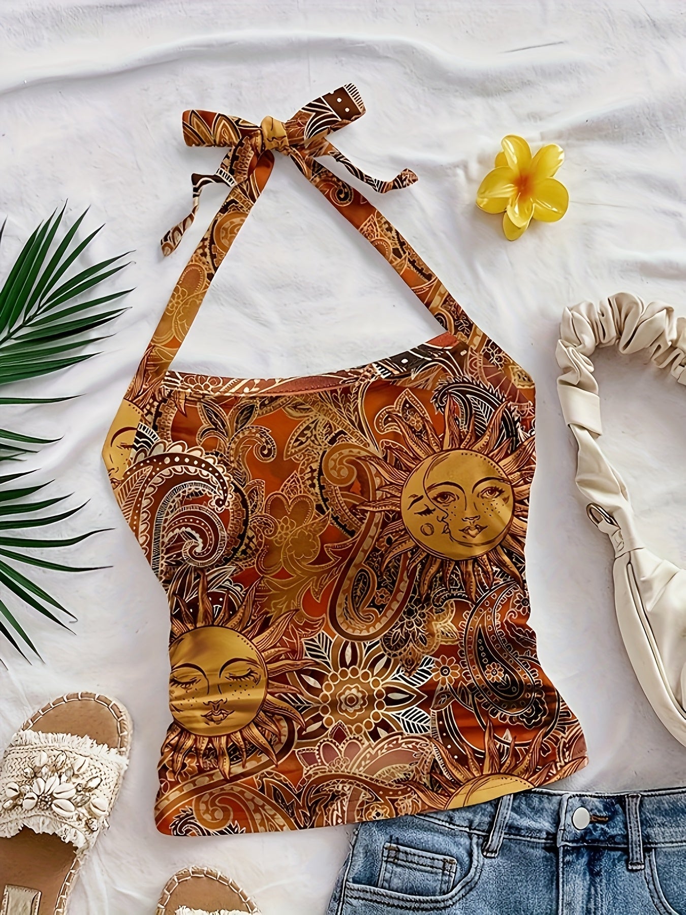 Damski vintage top na szyję z motywem słońca – letni festiwalowy styl boho
