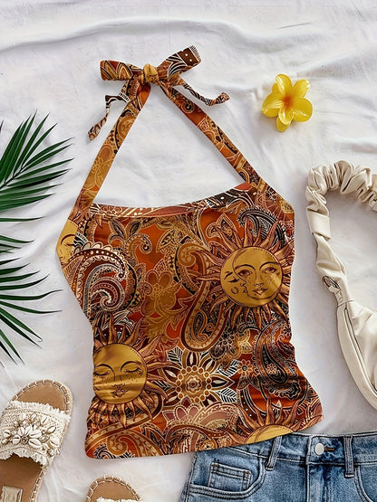 Damski vintage top na szyję z motywem słońca – letni festiwalowy styl boho