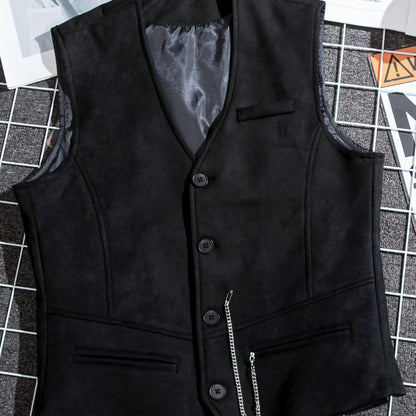Herren Weste mit V-Ausschnitt, Knöpfen und Kette, Unifarben, Slim Fit