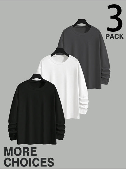 Langærmet herre-T-shirt, 3-pak, rund hals, slim fit, basic, sort, grå, hvid
