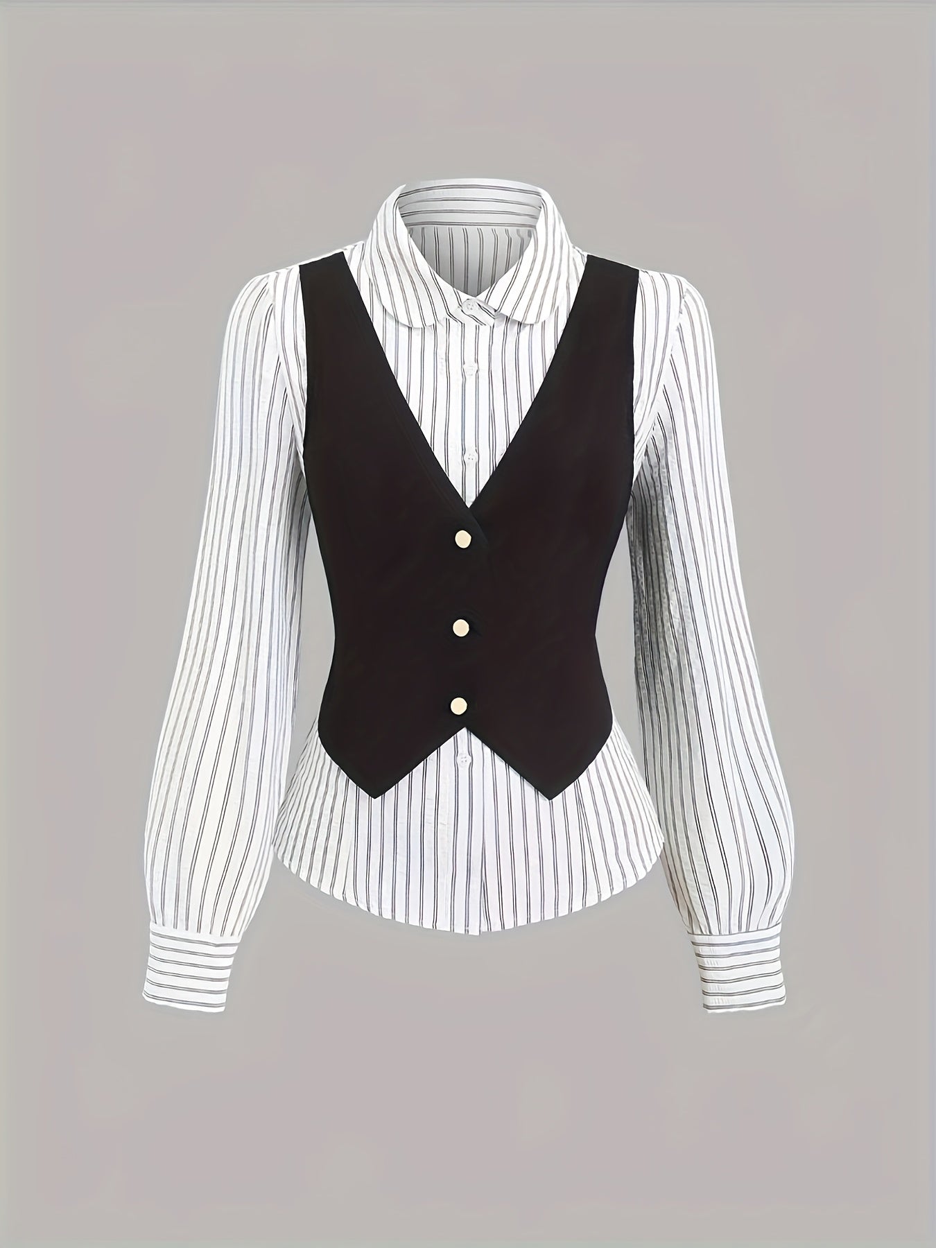 Blusa de mujer con chaleco a rayas, negra y blanca