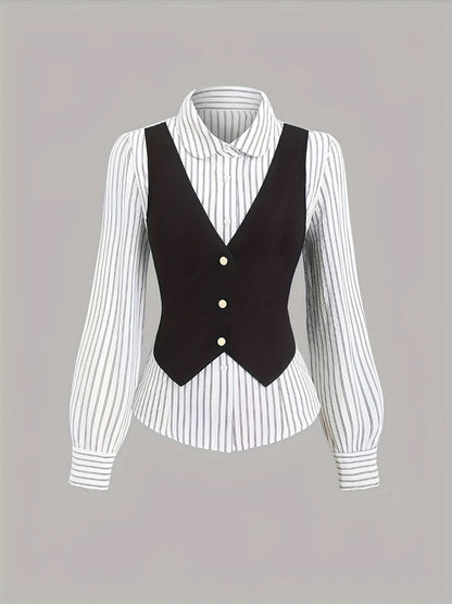 Blusa de mujer con chaleco a rayas, negra y blanca