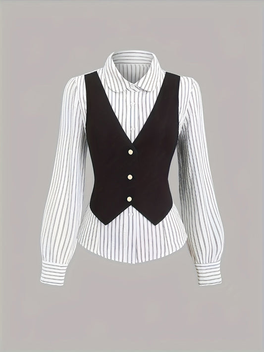 Blusa de mujer con chaleco a rayas, negra y blanca