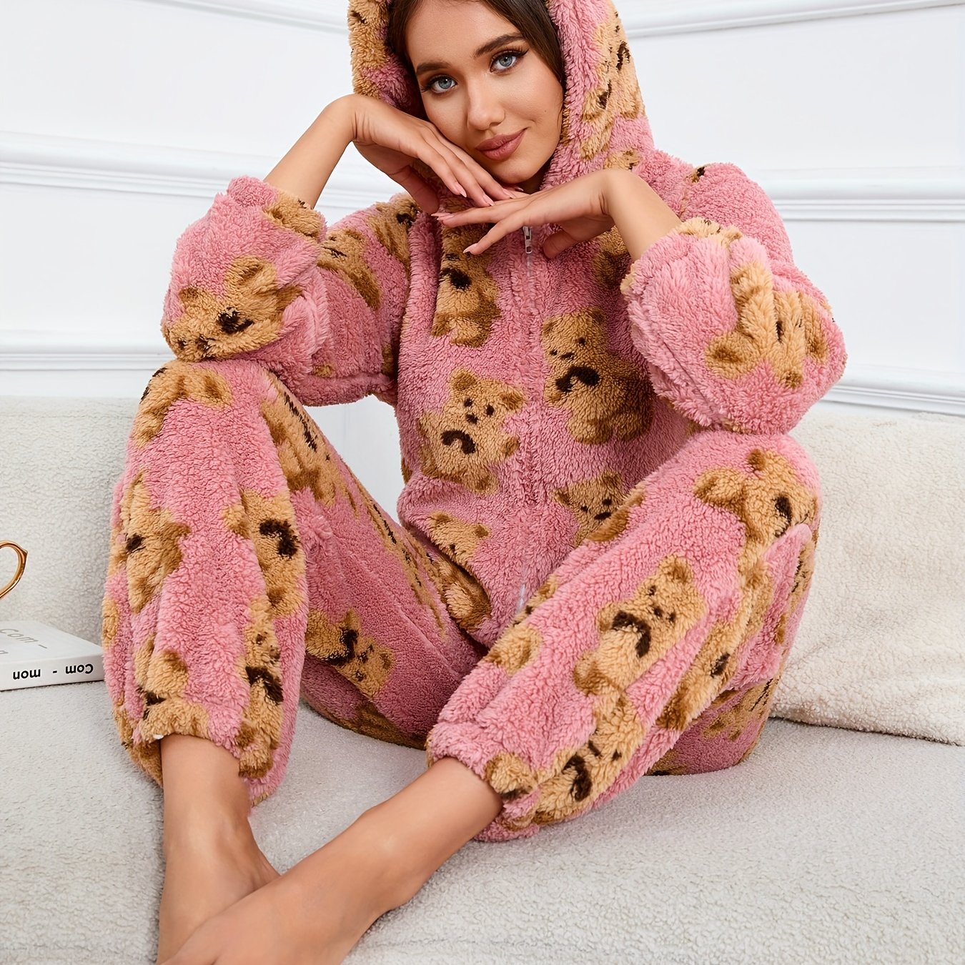 Damen Flauschiger Onesie mit Kapuze & Teddybär-Muster Rosa