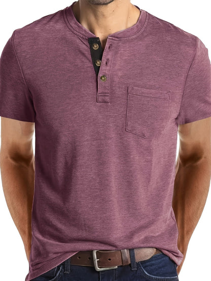 Camiseta Henley para hombre con botonadura y bolsillo en el pecho – Camiseta casual de manga corta para uso diario y tiempo libre