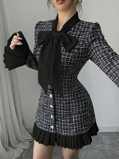 Tweed Minikleid mit Schleife und Rüschen Ärmeln Schwarz-Weiß