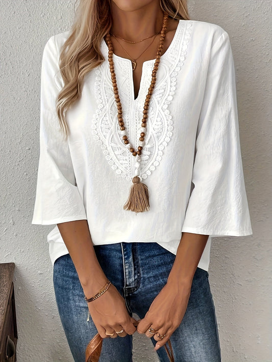 Dame Boho-bluse med broderi og 3/4-ermer – Elegant tunika for hverdag og fritid
