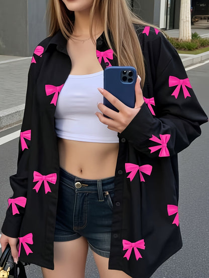 Camisa de mujer de manga larga con estampado de lazos en negro y rosa