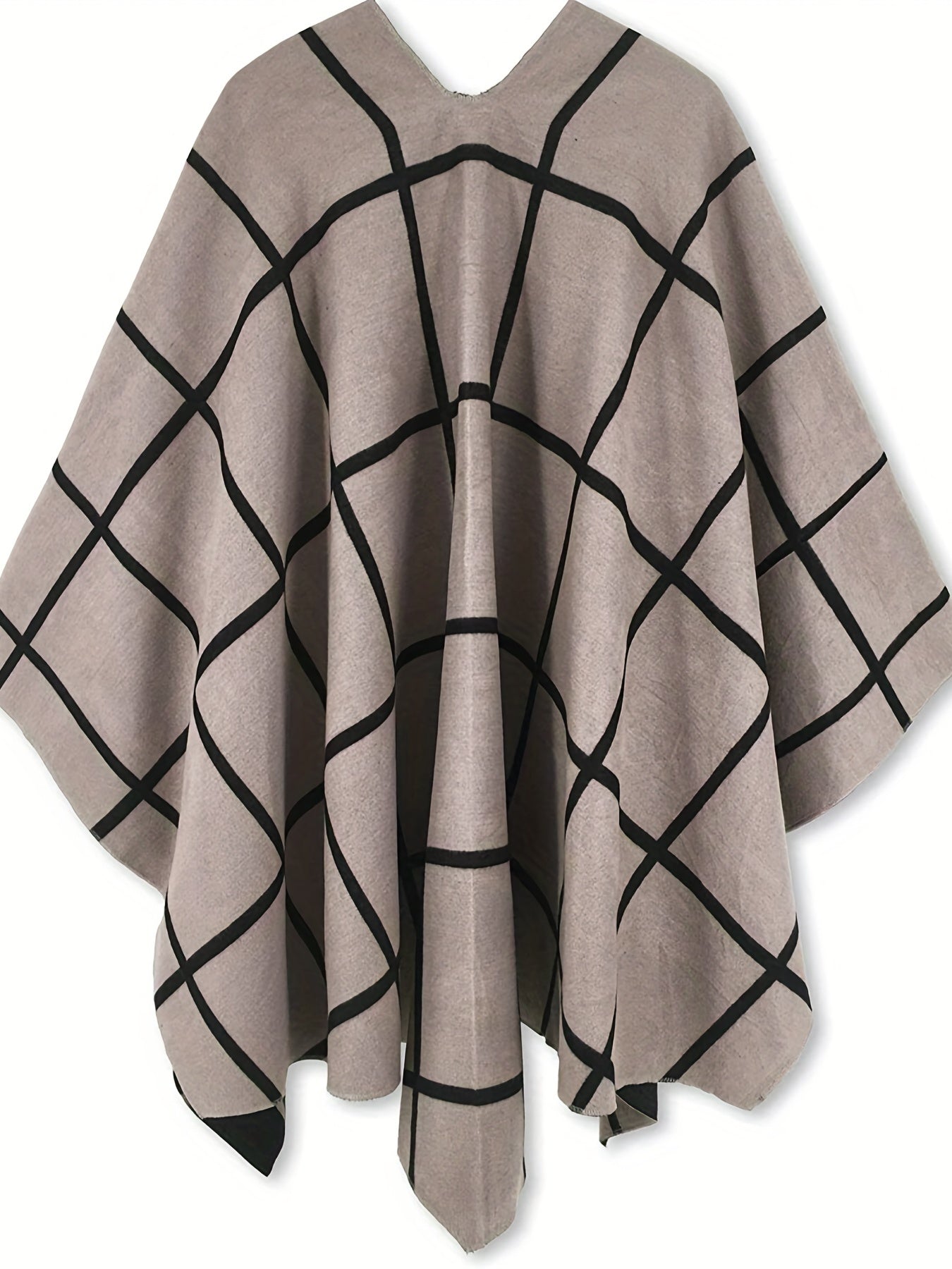 Poncho mit Karomuster und Bindegürtel, Beige Schwarz