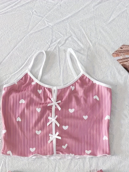 Dame pyjamasæt med hjerteprint og sløjfer – To-delt sommernatsæt, sexet stil
