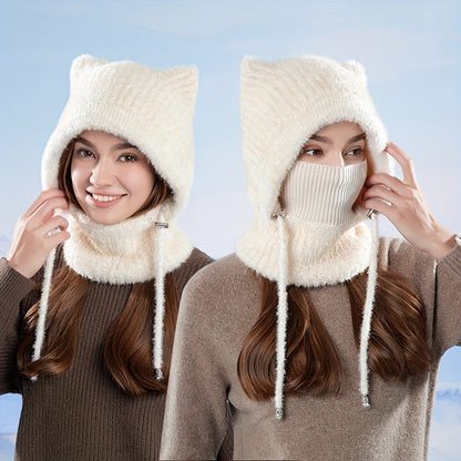Gestrickte Balaklava-Mütze mit Katzenohren und Halsschutz für Damen