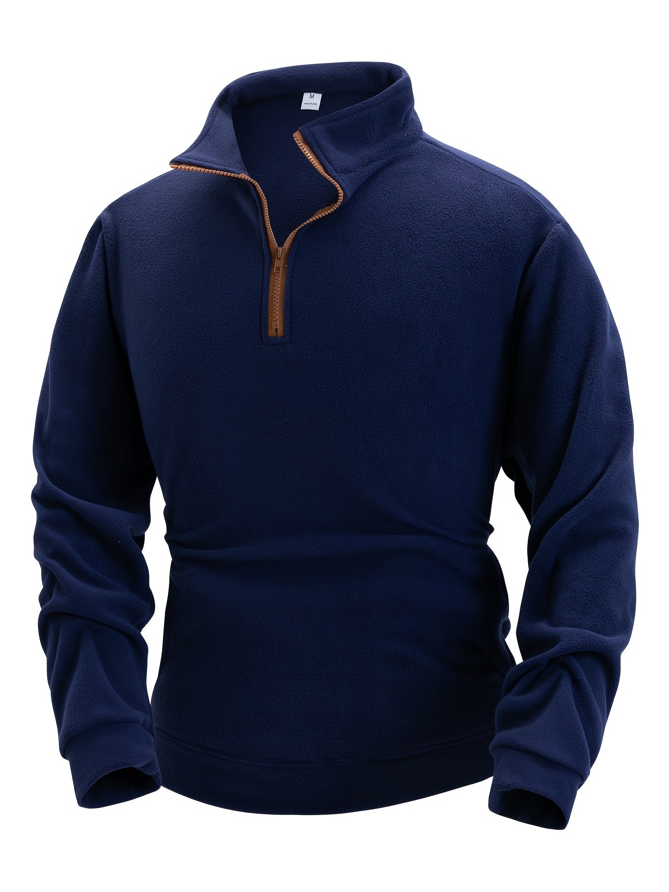 Fleece-pullover til mænd med ståkrave, halv lynlås, lange ærmer og lomme