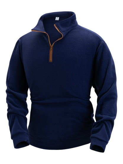 Fleece-pullover til mænd med ståkrave, halv lynlås, lange ærmer og lomme