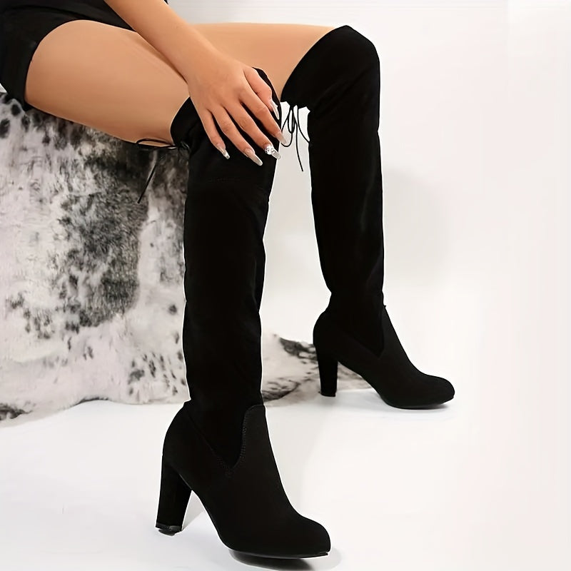 Overknee-Stiefel mit Blockabsatz und Schnürung hinten