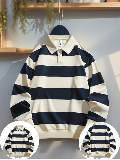 Gestreiftes Langarm Polo-Sweatshirt mit Kragen und Bündchen