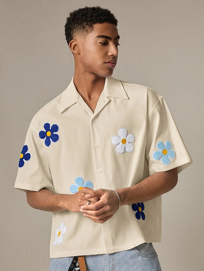 Herre kortermet fritidsskjorte med blomsterapplikasjoner – Moderne camp-krage design for hverdag og sommer