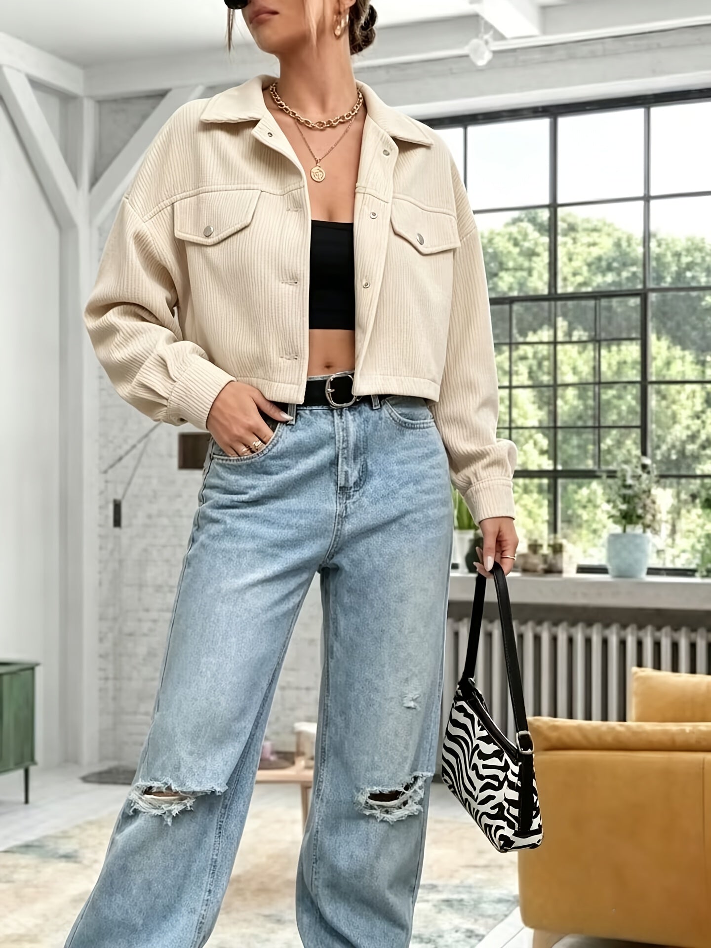 Damen Kurzjacke Rippstrick Cropped Jacke mit Knopfleiste & Brusttaschen