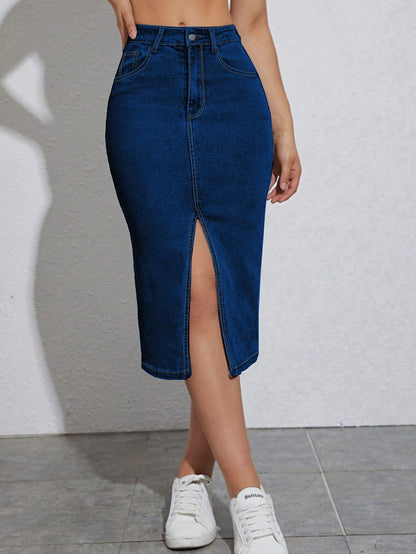 Damejeans-midirok med høj talje og frontslids – moderigtig fritidsstil til sommeren