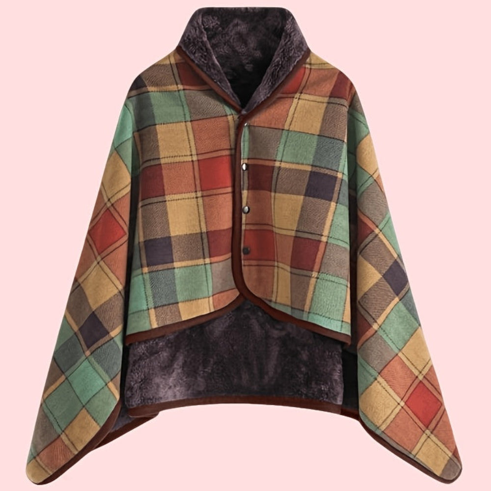Women's Plaid Snap Button Fleece Lined Poncho Cape