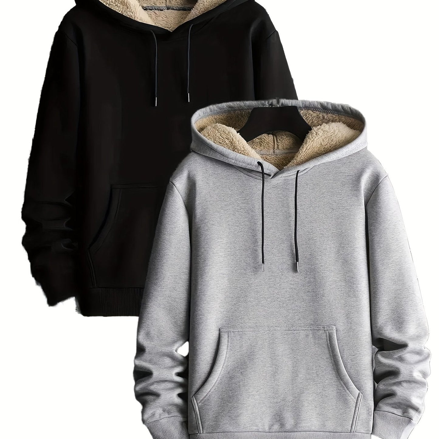 Pack de dos sudaderas con capucha forradas, en colores lisos y con bolsillo canguro – conjunto de sudaderas cálido