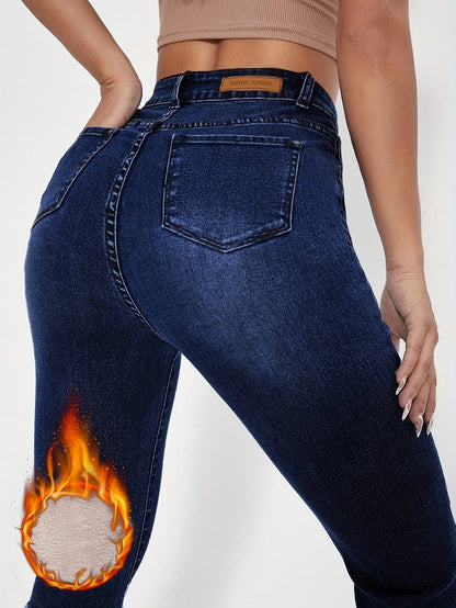 Damen Schlagjeans Hoher Bund Dunkelblau mit warmem Innenfutter