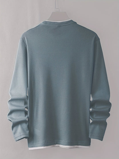 Langærmet herre-T-shirt med rund hals og strukturmønster i sort