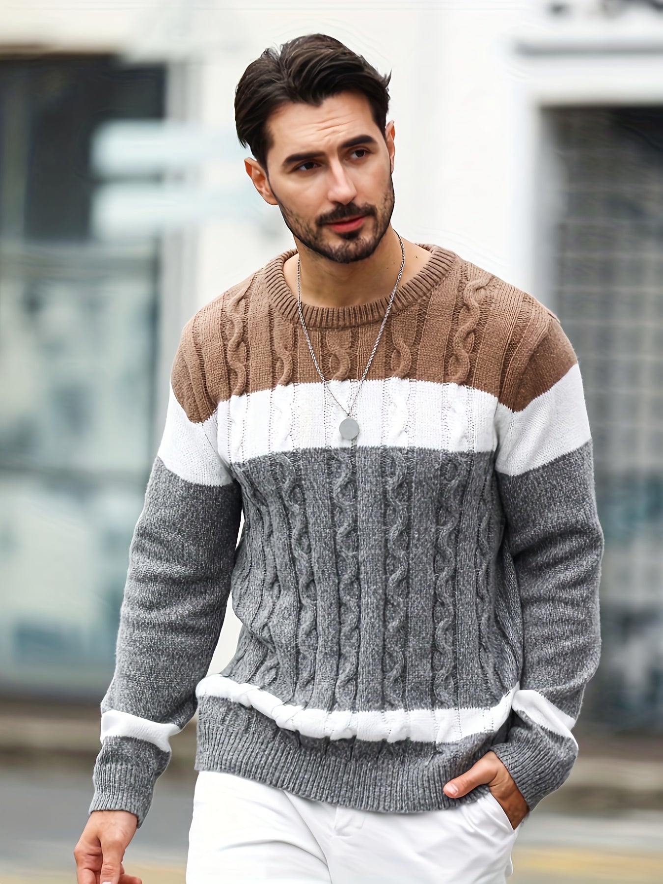 Herren Strickpullover Zopfmuster Colorblock Rundhals