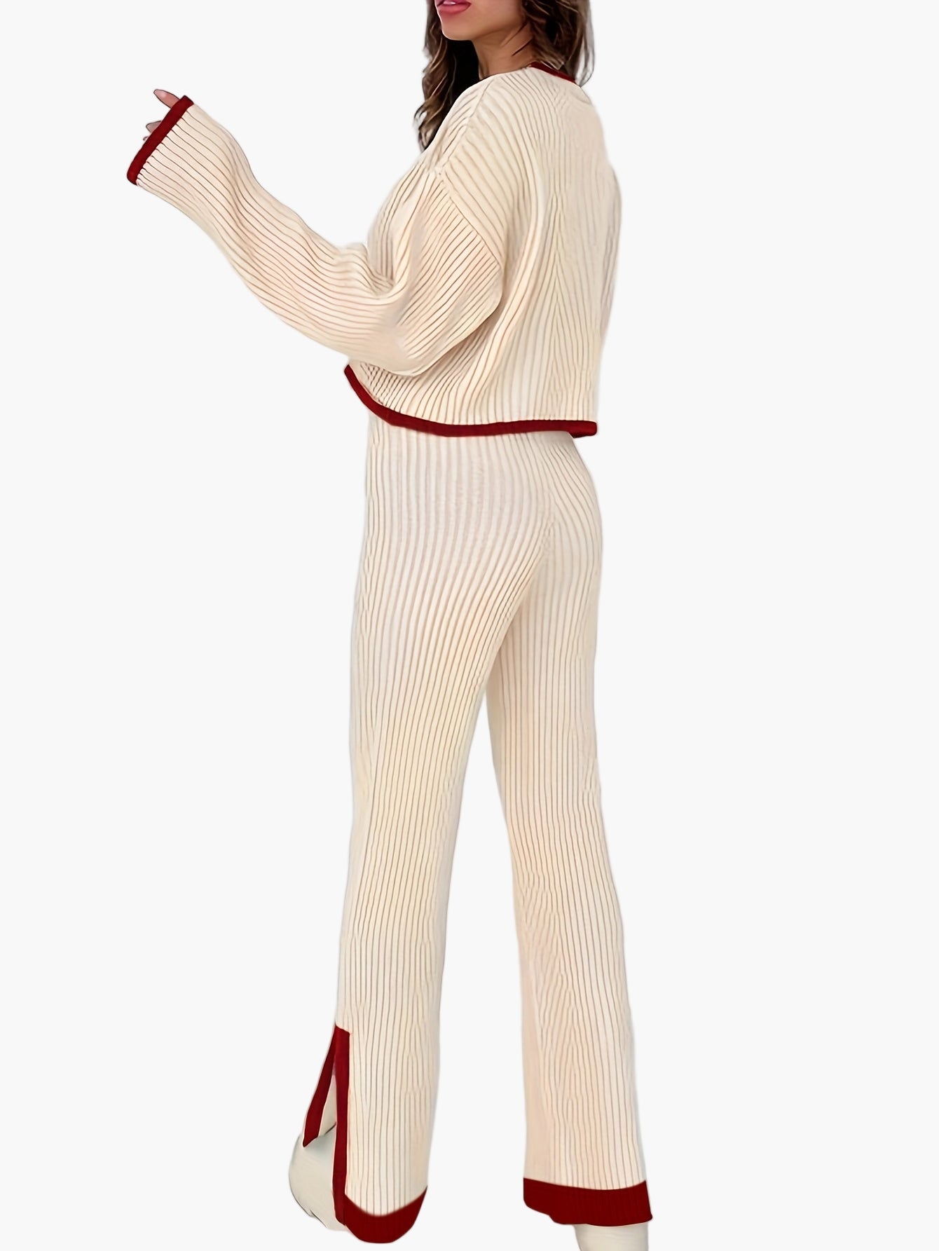 Dames elegante gebreide tweedelige set met wijde pijpen – Modieuze outfit voor herfst en winter