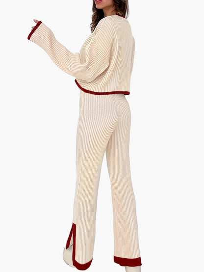 Dames elegante gebreide tweedelige set met wijde pijpen – Modieuze outfit voor herfst en winter
