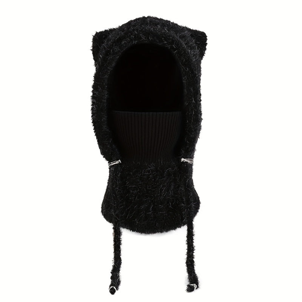Gestrickte Balaklava-Mütze mit Katzenohren und Halsschutz für Damen