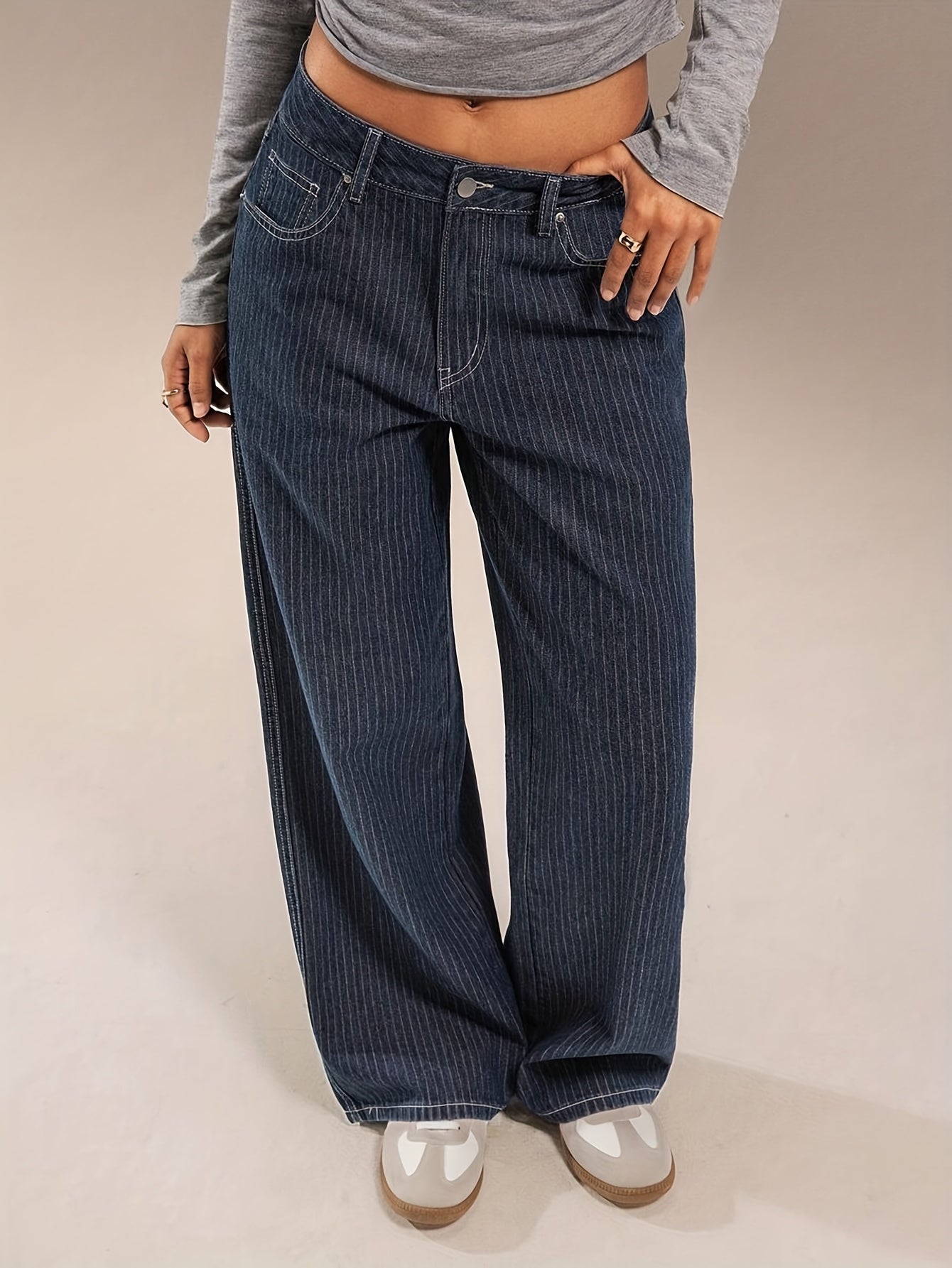 Jeans donna a gamba larga, gessato blu scuro