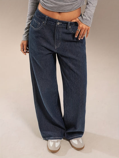 Jeans donna a gamba larga, gessato blu scuro