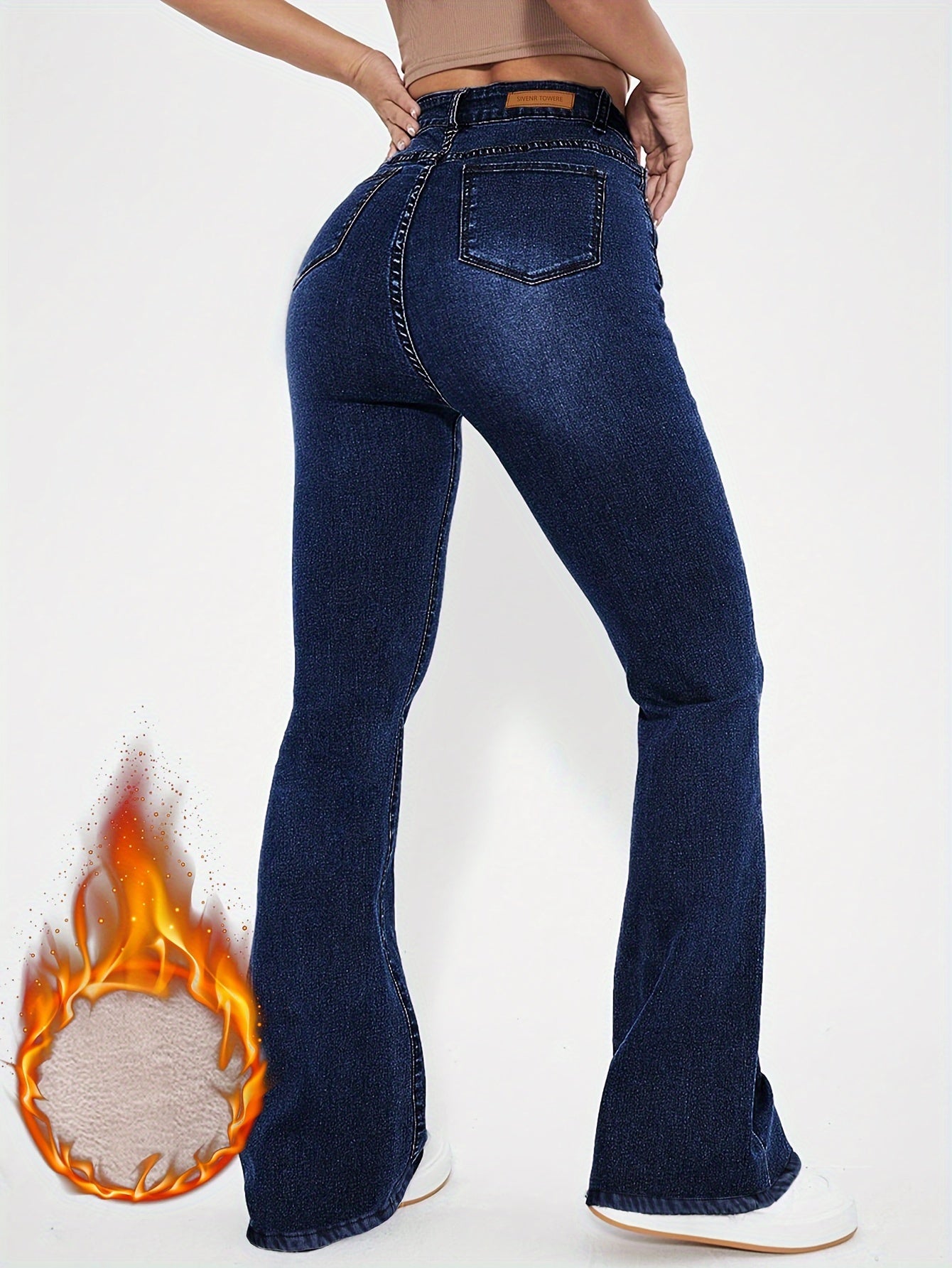 Damen Schlagjeans Hoher Bund Dunkelblau mit warmem Innenfutter