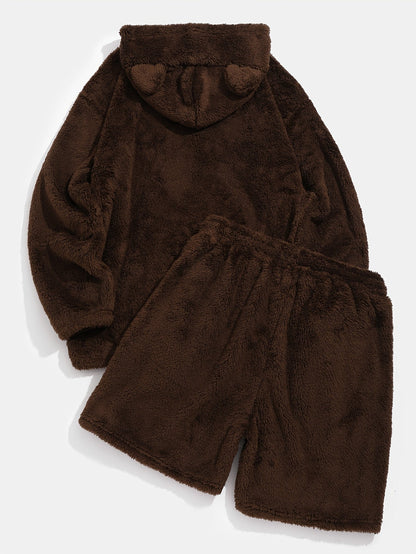 Plüsch Hoodie & Shorts Set mit Bärenohren, Braun