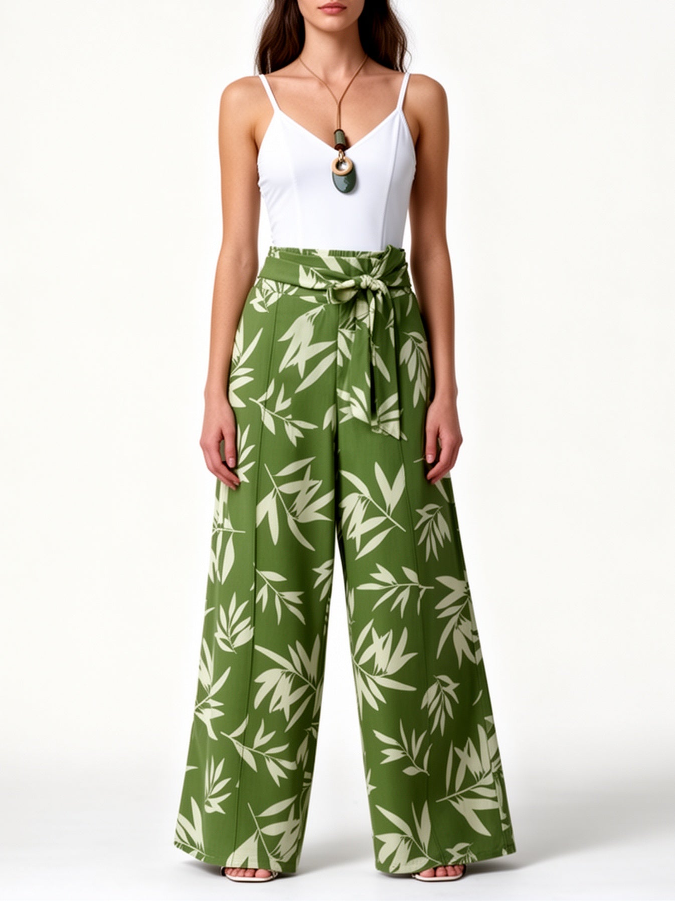 Pantalones Palazzo de talle alto para mujer con estampado de hojas – Estilo casual elegante para primavera y verano