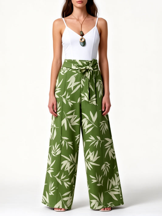 Dames wijde high-waist palazzo broek met bladmotief – elegante vrijetijdslook voor lente en zomer