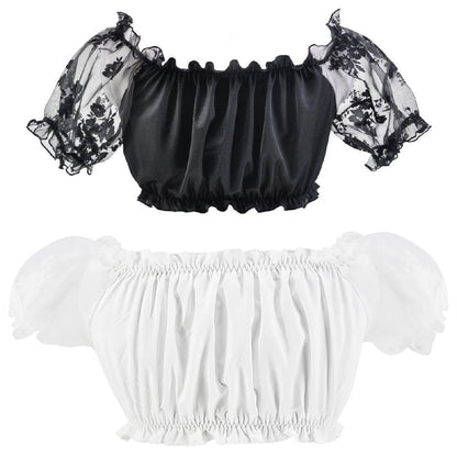 Crop Top con Mangas Abullonadas y Encaje para Mujer – Elegante Top Off-Shoulder para Oktoberfest para Mujeres a la Moda