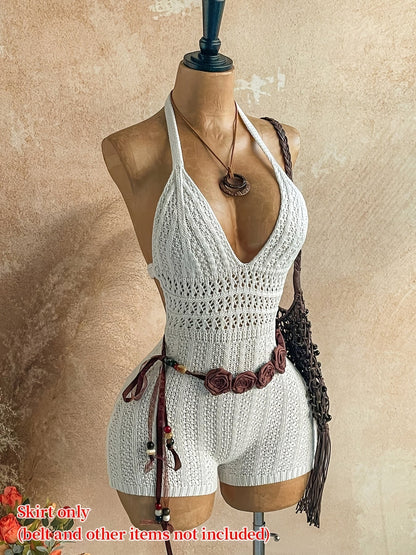 Mono de playa de crochet para mujer con escote en V y cuello halter – Jumpsuit bohemio de verano para vacaciones y playa