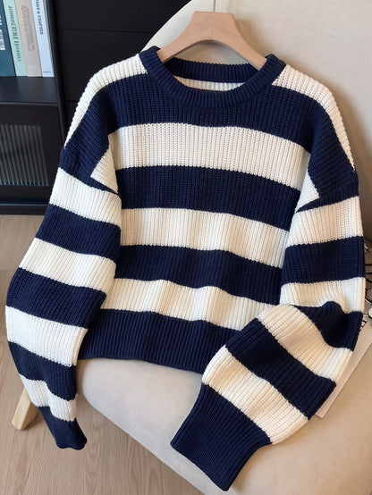 Gestreifter Pullover Damen Schwarz Weiß Langarm Rundhals Strickpullover