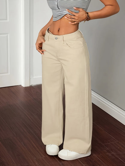 Pantaloni larghi da donna beige a vita alta