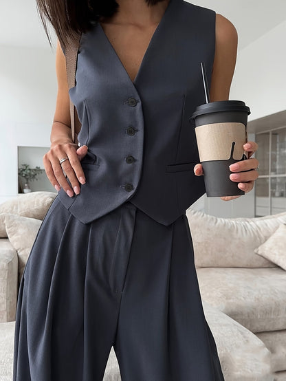 Dames Elegante Business-Tweedelige set met gilet en wijde broek – Moderne kantooroutfit voor lente & zomer