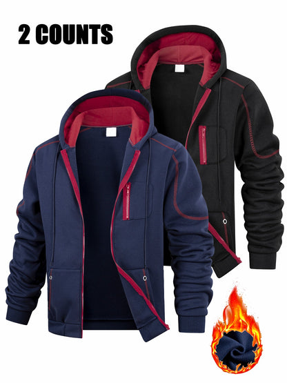 2er Pack Herren Kapuzenjacke Reißverschluss, gefüttert, Kontrastnähte