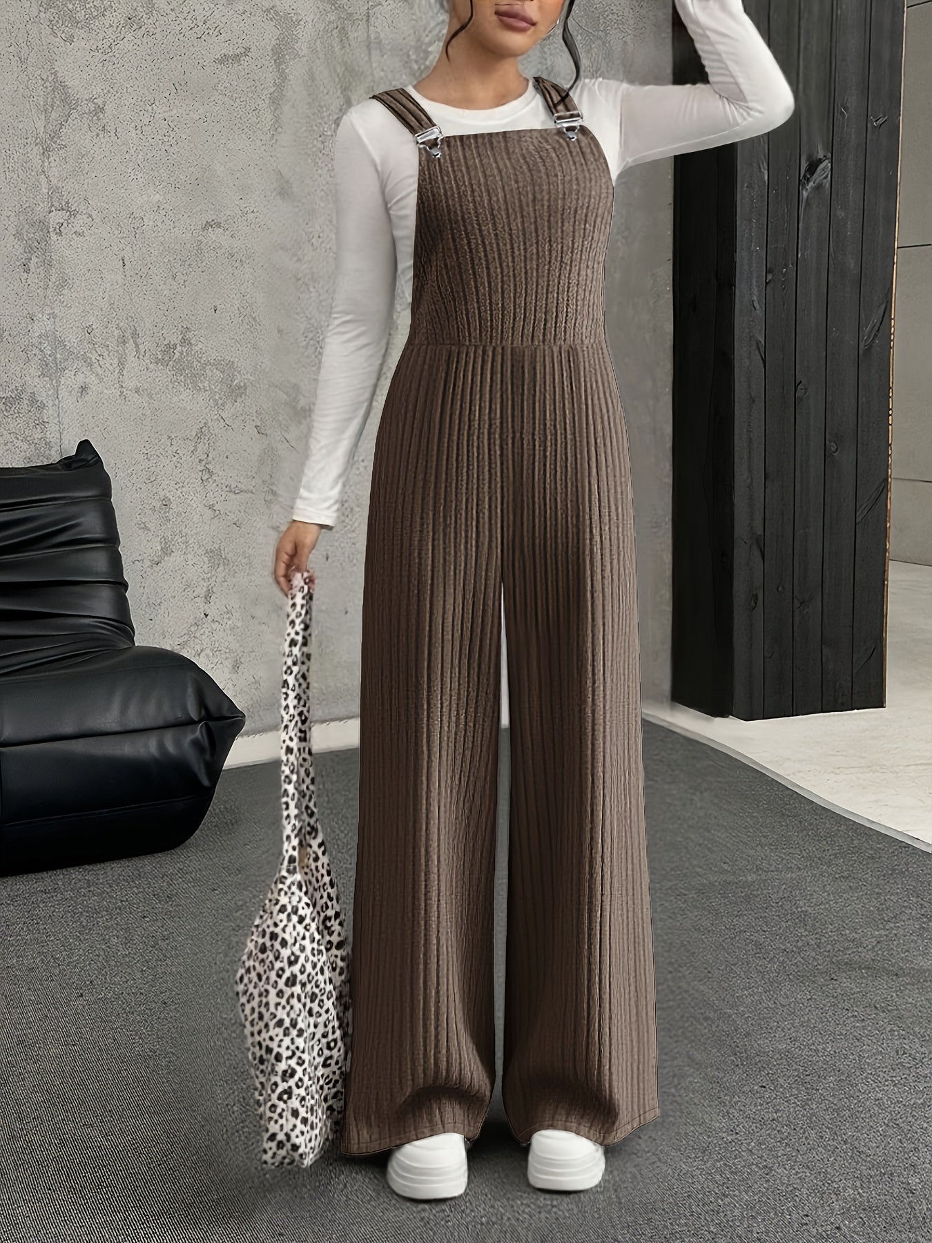 Mono para mujer de punto acanalado, pierna ancha, gris, peto enterizo