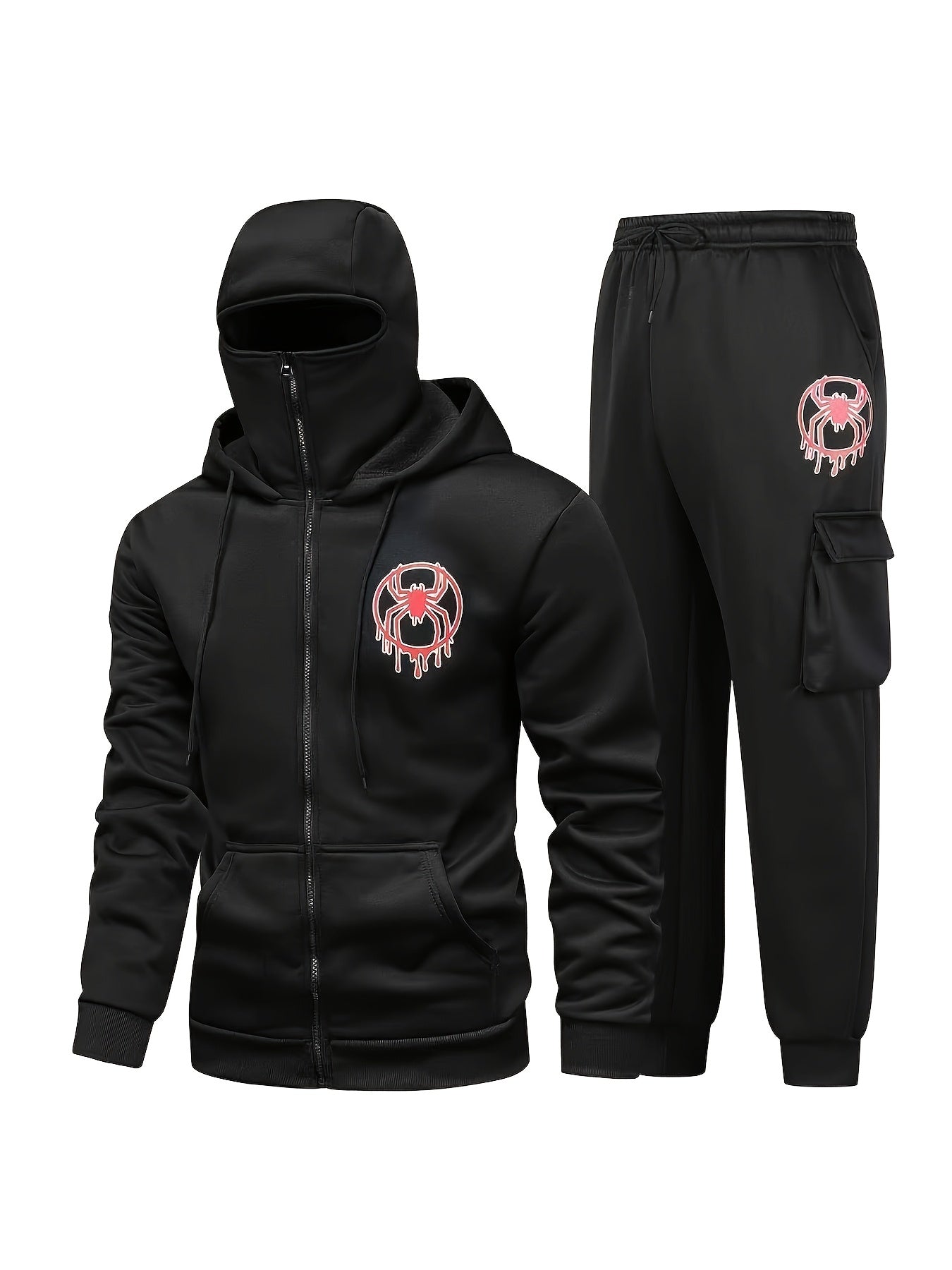 Unisex Kapuzenpullover Balaclava-Design & Jogginghose Trainingsanzug mit Spinnen-Logo
