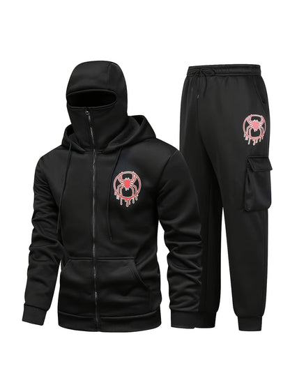 Unisex Kapuzenpullover Balaclava-Design & Jogginghose Trainingsanzug mit Spinnen-Logo