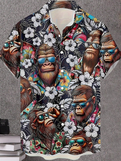 Chemise hawaïenne homme avec motif singe et imprimé floral – Chemise d'été amusante pour loisirs et fête
