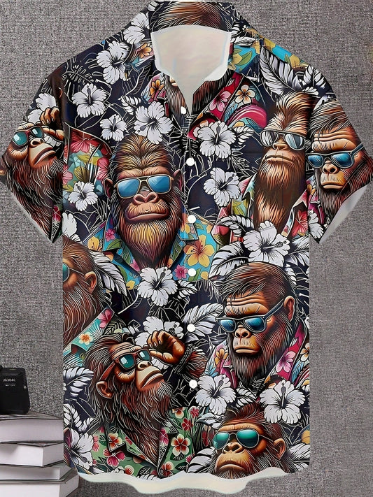 Heren Hawaiihemd met apenmotief en bloemenpatroon – grappig zomerhemd voor vrije tijd en feest
